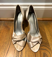 Vintage Nine West Women's 6.5 Silver Faux Silk D'Orsay Open Toe Bow Stiletto picture