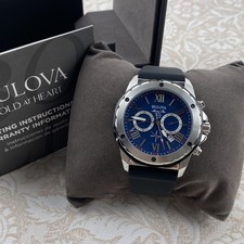 Bulova Marine Star 98B258 Quartz Blue Dial Black Rubber Strap Men's Watch picture