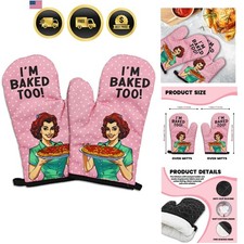 2 Pcs Funny Oven Mitts I'm Baked Too Heat Resistant Mitts Retro Housewife Sil... picture