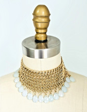 VTG Chunky Gold Tone Layered Curb Chainmail Bib Statement Necklace Lucite Charms picture