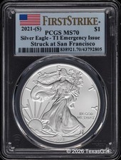 2021-S T1 Silver Eagle PCGS MS70 FS Emergency Issue - Struck at San Francisco picture