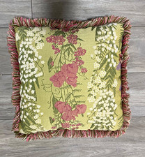 Vintage Tapestry Throw Pillow Green Pink Floral Fringe Trim Cottagecore picture