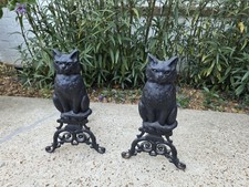 Antique Cast Iron Cat Andirons Fireplace Pair With Regular Marble Eyes GLOWS picture