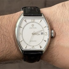 Croton Men's Automatic 21J Tonneau Watch White Dial Date Silver/Black Leather picture