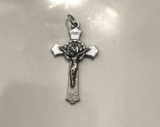 Miraculous Medal Flared Edge Crucifix 1.5 Inch Beautiful For Rosaries W/ I-Hook picture