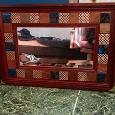 Vintage Rectangular Wall Accent Mirror Wood Frame Tile Border 37x27 in picture