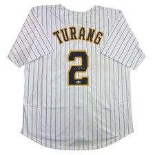 Autographed/Signed Brice Turang Milwaukee Pinstripe Baseball Jersey BAS COA picture