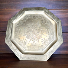 Vintage Hand Engraved Middle Eastern Octagonal Solid Brass Tray picture