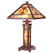 Chloe Lighting Gareth Tiffany 3-Light Double Lit Wooden Table Lamp 15'' Shade picture