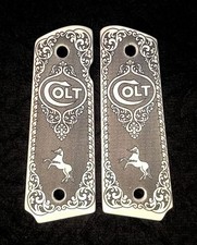 Colt 1911 custom ivory scrimshaw grips Scroll Rampant Horse Logo picture