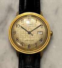 Vintage Timex Gold Tone Water Resistant Date Watch 35mm Black Dial Leather picture