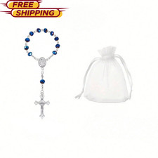 5 Sets Blue Mini Rosary Beads Baptism Favors Catholic Party Gifts Organza Bags picture