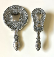 Vintage Ornate Silver-Tone Vanity set-Hand Mirror & Hairbrush Floral Design 1950 picture