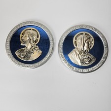 Set Of 2 Sacred Heart Jesus Mary Round Wall Plaque Set Blue Silver 7in Vintage  picture