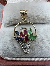 Vintage 14kp Yellow Gold Multi Precious Stone Basket Bouquet 1” Necklace Pendant picture