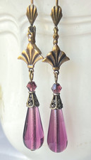 Art Nouveau Earrings Brass Filigrees & Antique Amethyst Czech Glass Drops picture