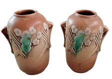 VINTAGE ROSEVILLE POTTERY BROWN CLEMANA VASES#749-6 DOUBLE HANDLE ART DECO PAIR picture