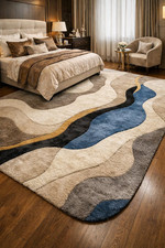Abstract Hand Tufted Wool Rug | Modern Beige Blue Area Rug | Luxury Bedroom Rug picture