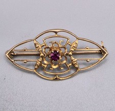 Antique Ostby & Barton Titanic Era 10K Yellow Gold Art Nouveau Ruby Brooch Pin picture