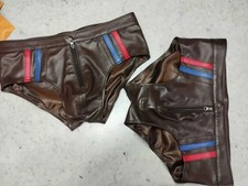 Pair of 2 Mens Brown Stylish Brief. Genuine Sheepskin Leather Premium Underwears picture