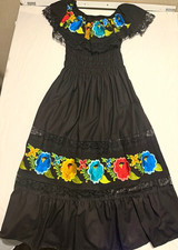 Handmade Women's Black Cotton Mexican Dress Floral Embroidery Lace One Size picture
