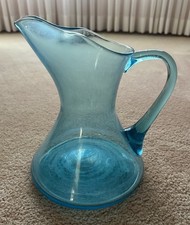 Vintage Mid-Century Modern Hand Blown Aqua Blue Glass Pitcher picture