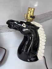 Vintage MCM Black Ceramic Horse Head Table Lamp White Mane Signed Melton Retro picture