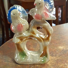 Glazed Lusterware Wild Turkey Figurine Pair on Branch White Blue Pink Accents 3D picture