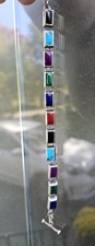 VINTAGE MULTI GEMSTONE Link 925 Silver Bracelet BEAUTIFULLY Colorful picture