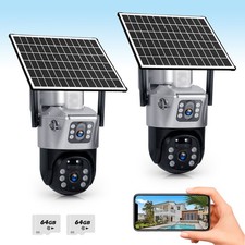 2 Pack Solar Dual Lens 4MP Wireless Outdoor Security WiFi Camera 64GB SD Card picture