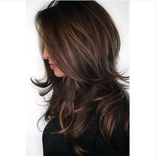 Real Human Hair New Fashion Women's Layered Long Dark Brown Wavy Full Wigs 24 In picture
