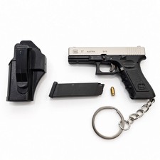 Gun/Pistol Black Silver Mini All Metal Keychain Bullet w/Belt Clip Holster Ring picture
