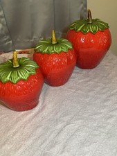 Vtg. Set of 3 California Pottery Strawberries Ceramic Cookie Jars, See Descrip.  picture