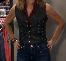 Women's Black Leather Motorcycle Vest Lace Detail on Front - 1216 picture