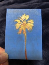 ACEO ORIGINAL ACRYLIC PAINTING SoCal Gold Palm Tree On Blue by Gale 2.5x3.5” picture