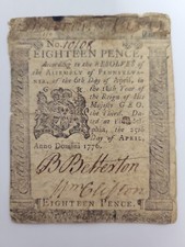 APRIL 25, 1776 18d EIGHTEEN PENCE PENNSYLVANIA COLONIAL CURRENCY NOTE picture