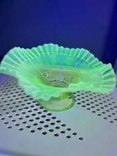 EAPG Jefferson Block Vaseline Opalescent Glass Pedestal Bowl Uranium Ruffled picture