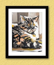 Original Abstract Sleeping Cat #2 - Acrylic Painting 14x11