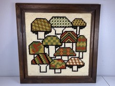 VTG 1970s Mushroom Needlepoint Framed Wall Art 18x18