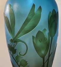 Emile Gallé 16” Vase (Repro) in frosted overlaid Blue art glass Dragon Fly Motif picture