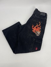 JNCO Flaming Skull Embroidered Baggy Black Wide Leg 33x32 Vtg Y2K 90s picture