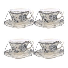 222 FIFTH Adelaide Grey Toile Floral Birds Coffee Tea Cup & Saucer Set of 4 picture