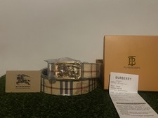 Burberry Men’s Beige Check Dress Belt Adjustable Gold-Tone Buckle picture