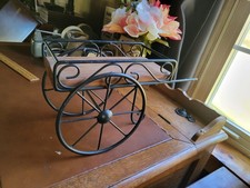 Vintage Wrought Iron & Wood Flower Cart Plant Stand Large Spoked Wheels Scroll picture