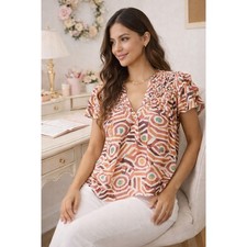 Maeve Anthropologie Blouse Womens Large Geometric Abstract Ruffle V-Neck Top picture