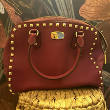 Michael Kors Burgundy Studded Satchel Top Handle Bag Zip Lined Pockets picture