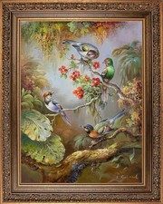 Framed Original Oil Painting, Signed by Korean Artist, Wild Birds Forest Scenery picture