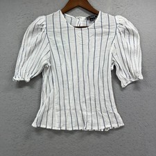 J Crew Puff Sleeve Blouse Womens Small White Blue Stripe Button Back Seersucker picture