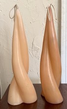Vintage Hand Poured Spiral Twist Candles Pair Nude Beige Pink Hand Tied Wicks picture