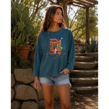 Sabaku Artwear Graphic Top Womens S/M Teal Excellent Southwestern Cactus Dog picture